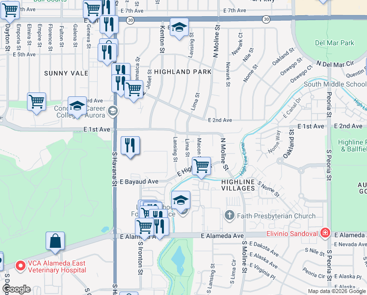 map of restaurants, bars, coffee shops, grocery stores, and more near 58 Lansing Street in Aurora