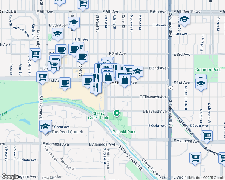 map of restaurants, bars, coffee shops, grocery stores, and more near 48 Steele Street in Denver