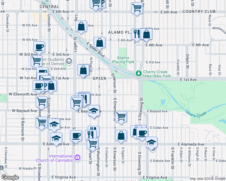 map of restaurants, bars, coffee shops, grocery stores, and more near 25 Emerson Street in Denver