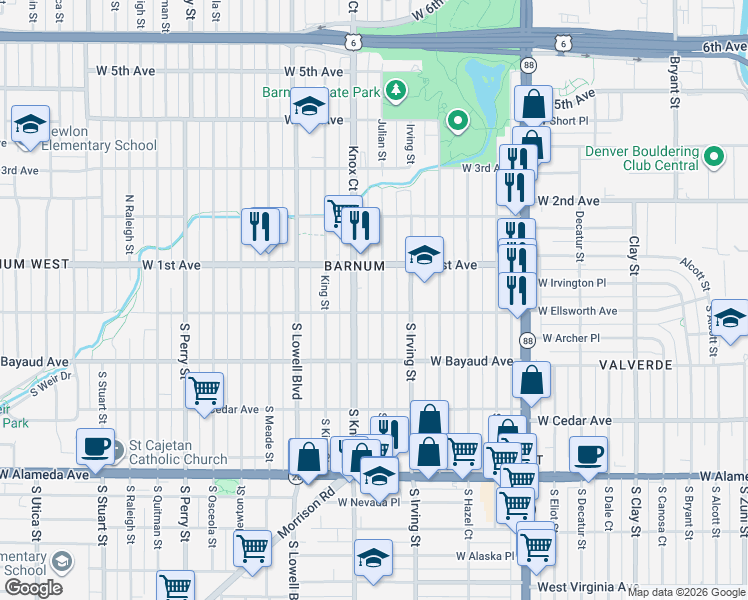 map of restaurants, bars, coffee shops, grocery stores, and more near 21 Julian Street in Denver