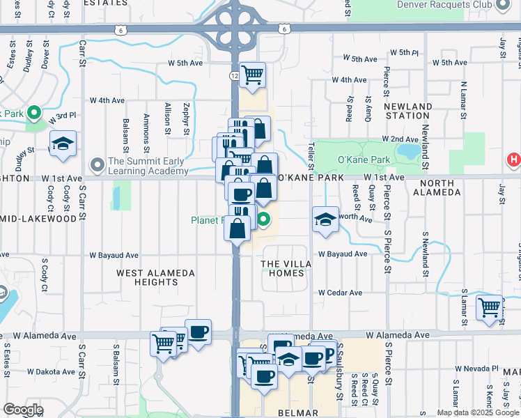 map of restaurants, bars, coffee shops, grocery stores, and more near 98 South Wadsworth Boulevard in Lakewood
