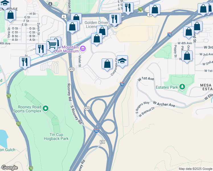 map of restaurants, bars, coffee shops, grocery stores, and more near 651 Corporate Circle in Golden