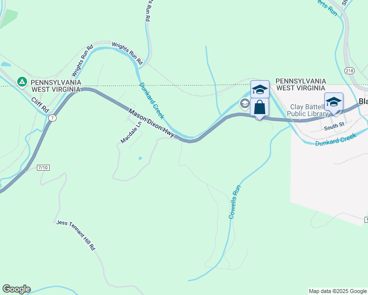 map of restaurants, bars, coffee shops, grocery stores, and more near 6369 Mason-Dixon Highway in Blacksville