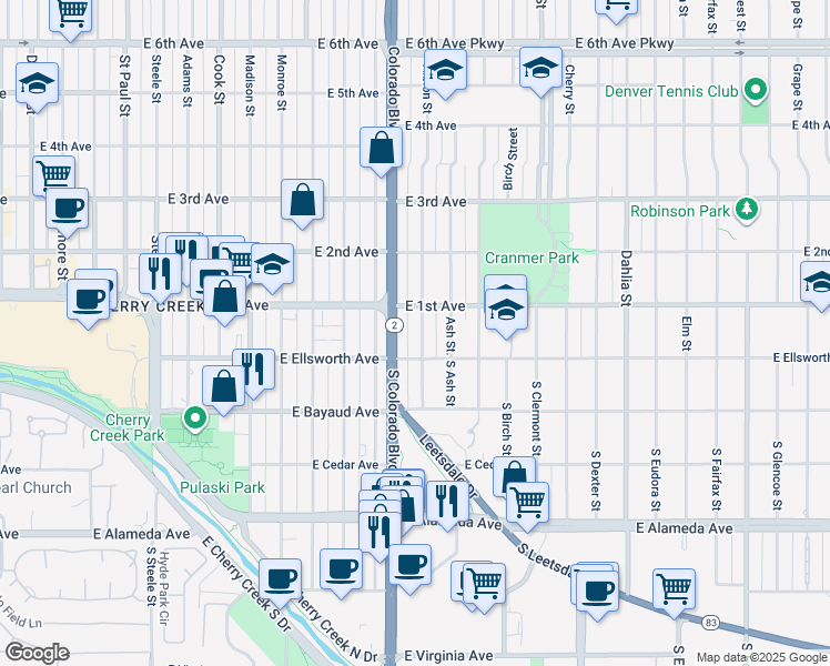 map of restaurants, bars, coffee shops, grocery stores, and more near 43 Albion Street in Denver