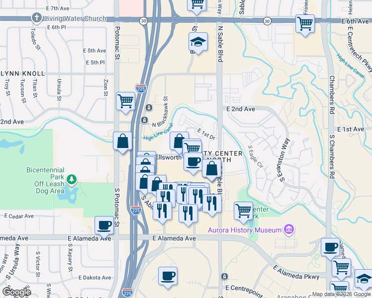 map of restaurants, bars, coffee shops, grocery stores, and more near 14211 East 1st Drive in Aurora
