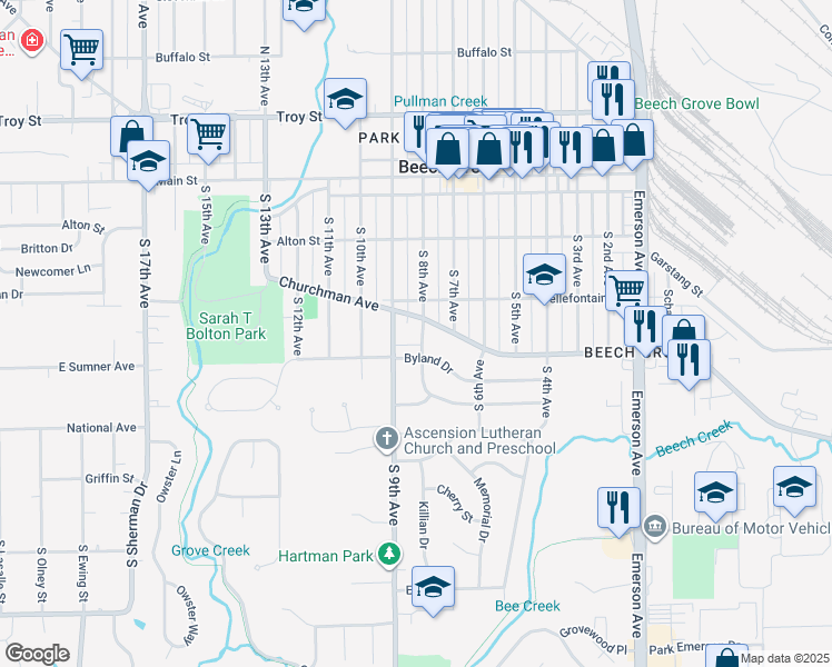 map of restaurants, bars, coffee shops, grocery stores, and more near 250 South 8th Avenue in Beech Grove