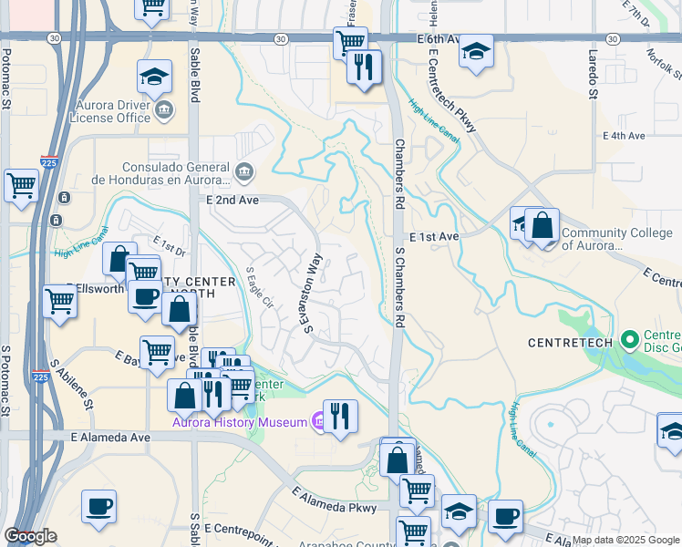 map of restaurants, bars, coffee shops, grocery stores, and more near 100 South Fraser Circle in Aurora