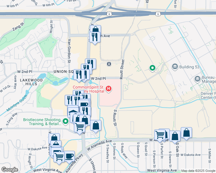map of restaurants, bars, coffee shops, grocery stores, and more near 11750 West 2nd Place in Lakewood