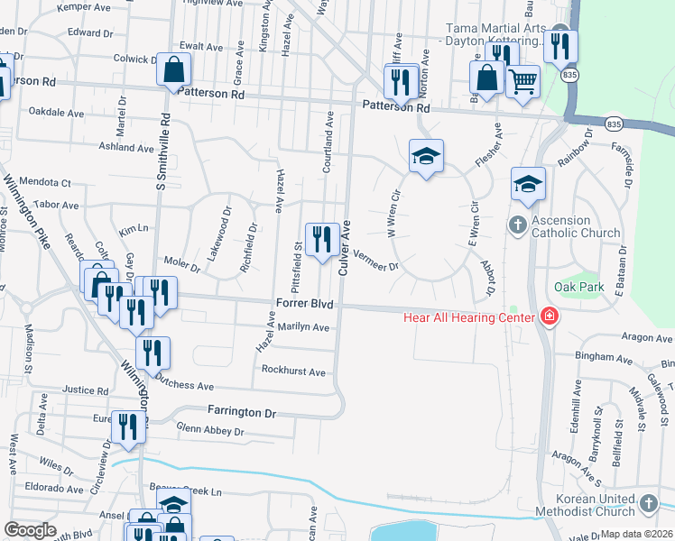 map of restaurants, bars, coffee shops, grocery stores, and more near 2129 Culver Avenue in Dayton