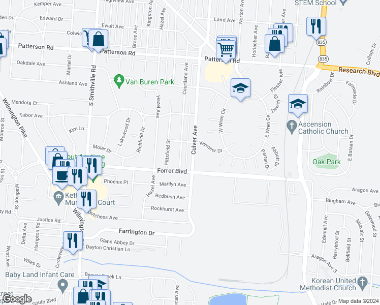 map of restaurants, bars, coffee shops, grocery stores, and more near 2121 Culver Avenue in Dayton
