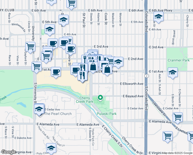 map of restaurants, bars, coffee shops, grocery stores, and more near 48 Steele Street in Denver