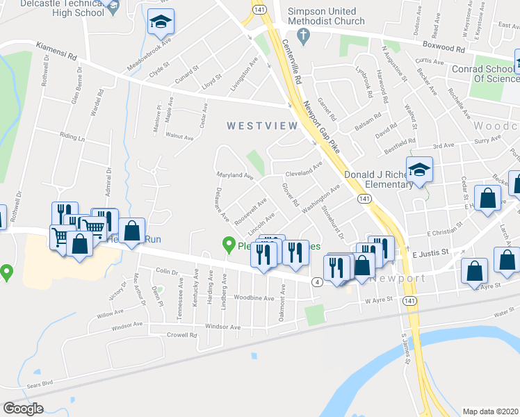 map of restaurants, bars, coffee shops, grocery stores, and more near 104 Roosevelt Avenue in Wilmington