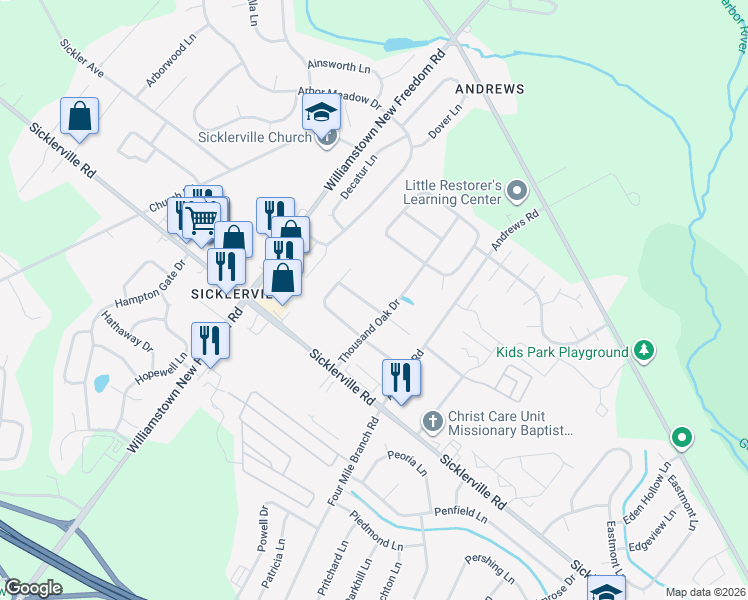 map of restaurants, bars, coffee shops, grocery stores, and more near 9 Tupelo Lane in Sicklerville