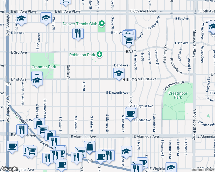 map of restaurants, bars, coffee shops, grocery stores, and more near 51 Grape Street in Denver