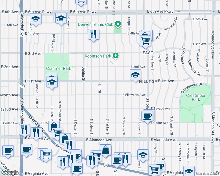 map of restaurants, bars, coffee shops, grocery stores, and more near 50 Fairfax Street in Denver