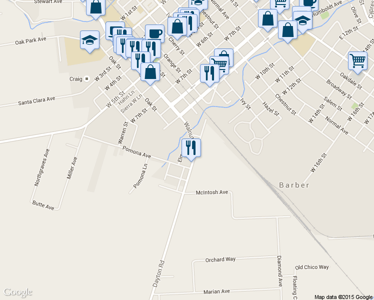 map of restaurants, bars, coffee shops, grocery stores, and more near 1121 Elmer St in Chico