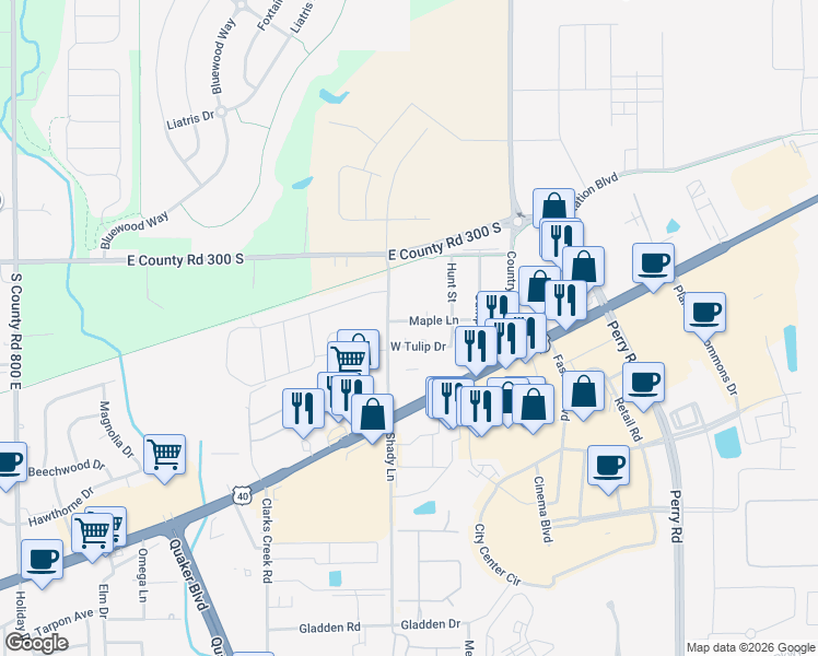map of restaurants, bars, coffee shops, grocery stores, and more near 11422 Maple Ln in Plainfield