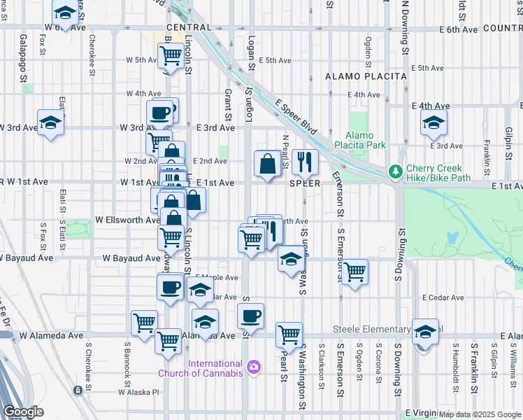 map of restaurants, bars, coffee shops, grocery stores, and more near 27 Pennsylvania Street in Denver