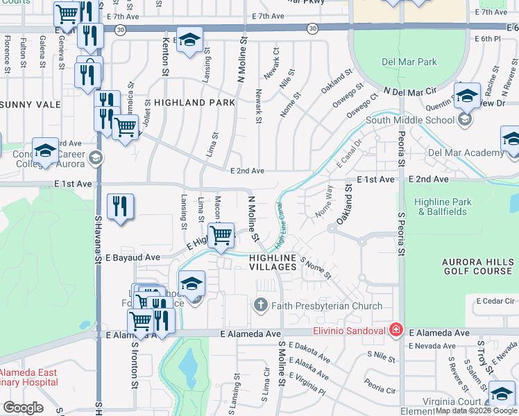 map of restaurants, bars, coffee shops, grocery stores, and more near 11514 East 1st Place in Aurora