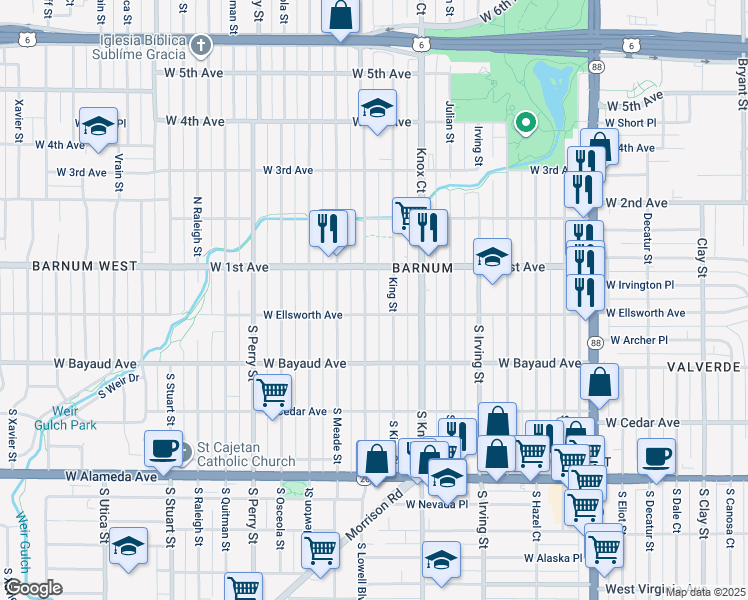 map of restaurants, bars, coffee shops, grocery stores, and more near 20 Lowell Boulevard in Denver