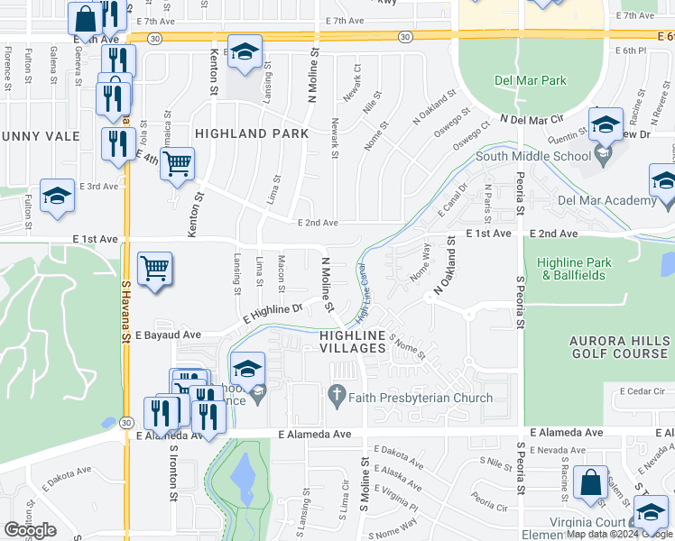 map of restaurants, bars, coffee shops, grocery stores, and more near 11514 East 1st Place in Aurora