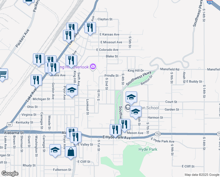 map of restaurants, bars, coffee shops, grocery stores, and more near 513 Fleeman Street in Saint Joseph