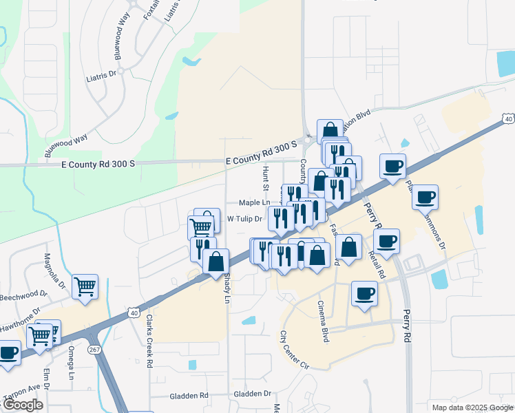 map of restaurants, bars, coffee shops, grocery stores, and more near 11405 Maple Lane in Plainfield
