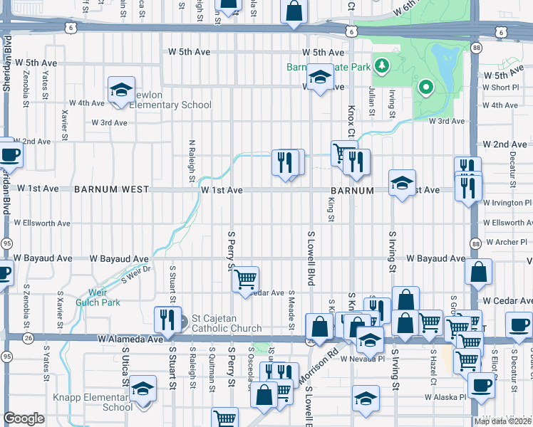 map of restaurants, bars, coffee shops, grocery stores, and more near 23 Newton Street in Denver