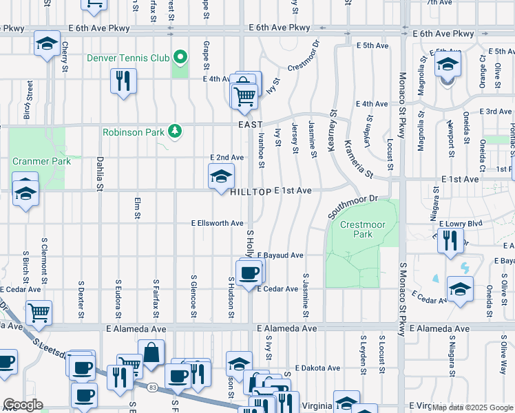 map of restaurants, bars, coffee shops, grocery stores, and more near 55 Ivanhoe Street in Denver