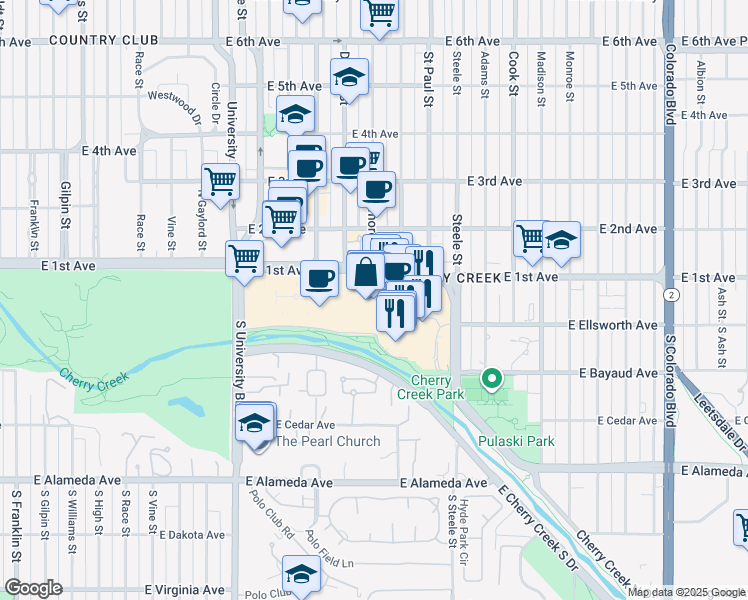 map of restaurants, bars, coffee shops, grocery stores, and more near 3000 East 1st Avenue in Denver