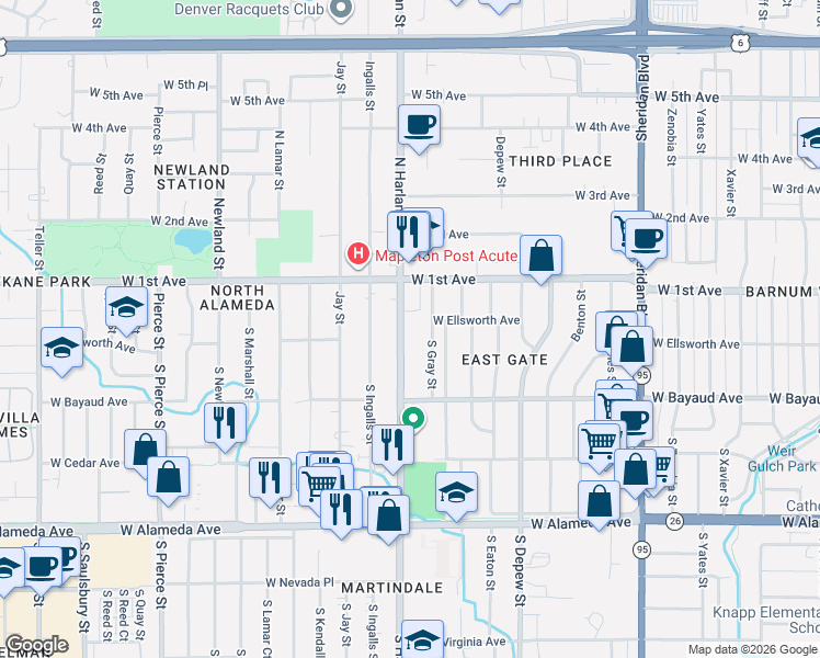 map of restaurants, bars, coffee shops, grocery stores, and more near 20 South Harlan Street in Lakewood