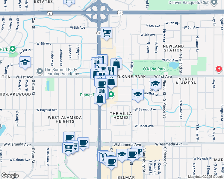 map of restaurants, bars, coffee shops, grocery stores, and more near 98 South Wadsworth Boulevard in Lakewood