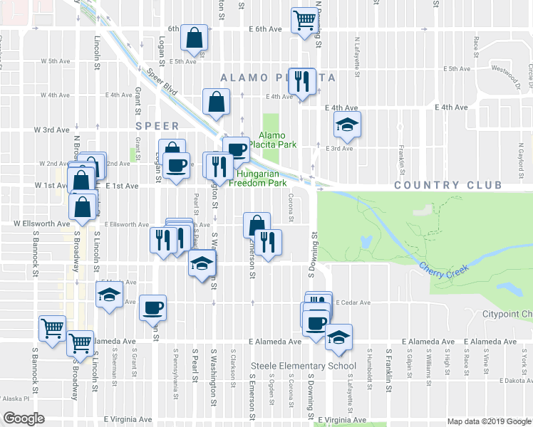 map of restaurants, bars, coffee shops, grocery stores, and more near 29 Ogden Street in Denver