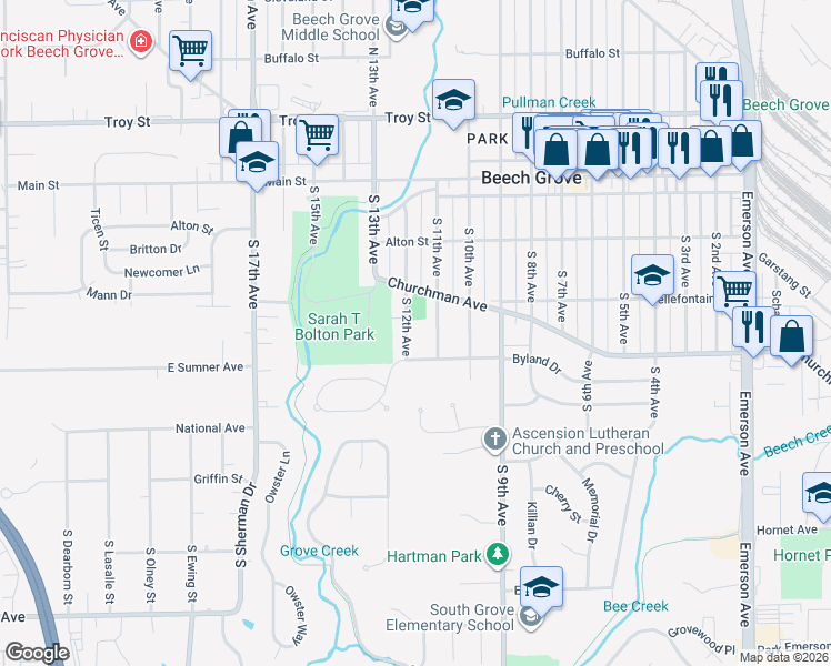 map of restaurants, bars, coffee shops, grocery stores, and more near 229 South 12th Avenue in Beech Grove