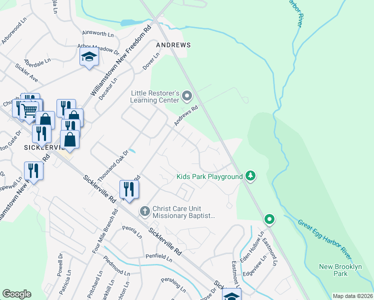 map of restaurants, bars, coffee shops, grocery stores, and more near 14 Langdon Court in Sicklerville
