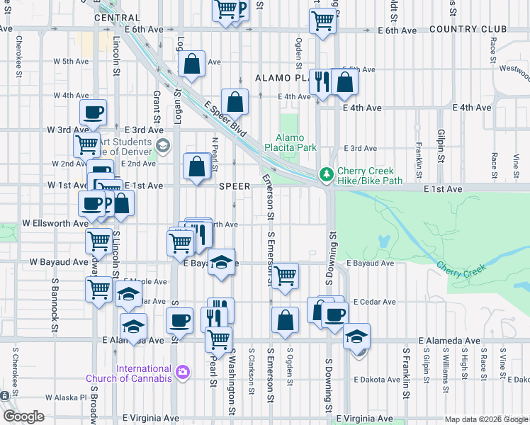 map of restaurants, bars, coffee shops, grocery stores, and more near 25 Emerson Street in Denver