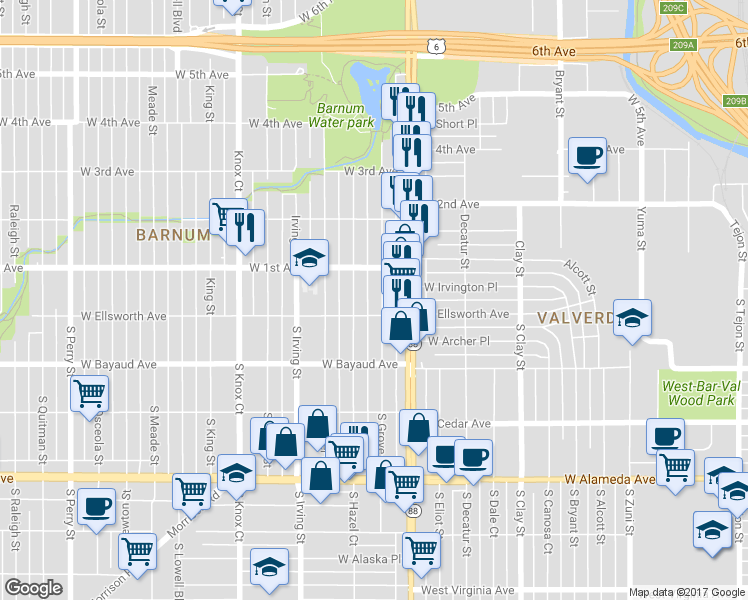 map of restaurants, bars, coffee shops, grocery stores, and more near 25 Grove Street in Denver