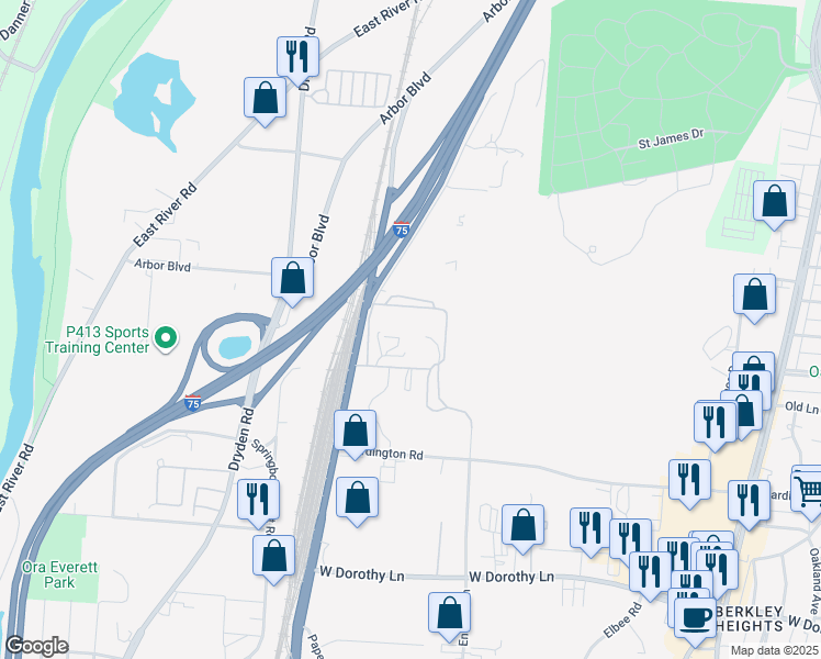 map of restaurants, bars, coffee shops, grocery stores, and more near 2550 Sandridge Drive in Moraine