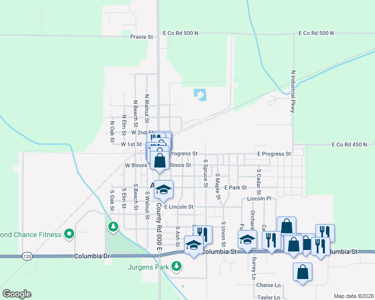 map of restaurants, bars, coffee shops, grocery stores, and more near 210 East Progress Street in Arthur