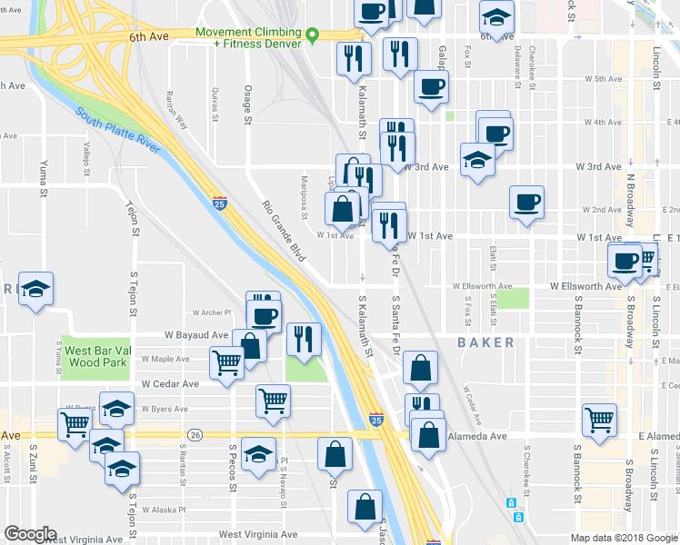 map of restaurants, bars, coffee shops, grocery stores, and more near 22 Lipan Street in Denver
