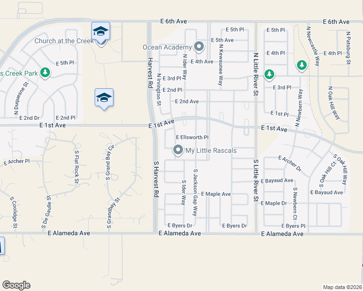 map of restaurants, bars, coffee shops, grocery stores, and more near 25169 East Ellsworth Drive in Aurora