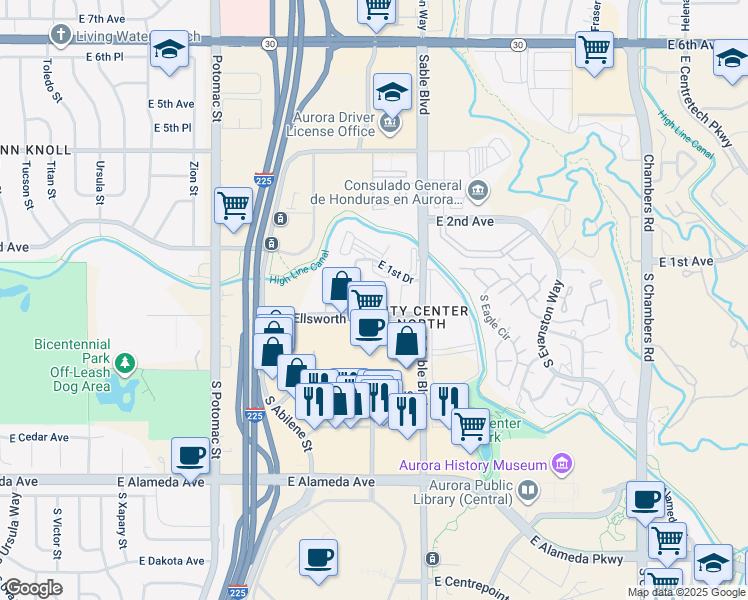 map of restaurants, bars, coffee shops, grocery stores, and more near 14216 East 1st Drive in Aurora