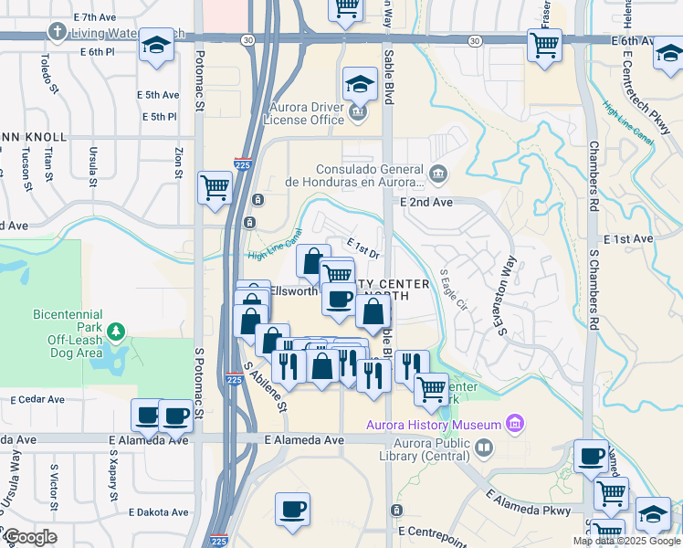 map of restaurants, bars, coffee shops, grocery stores, and more near 14216 East 1st Drive in Aurora