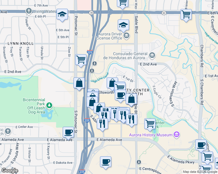 map of restaurants, bars, coffee shops, grocery stores, and more near 14211 East 1st Drive in Aurora