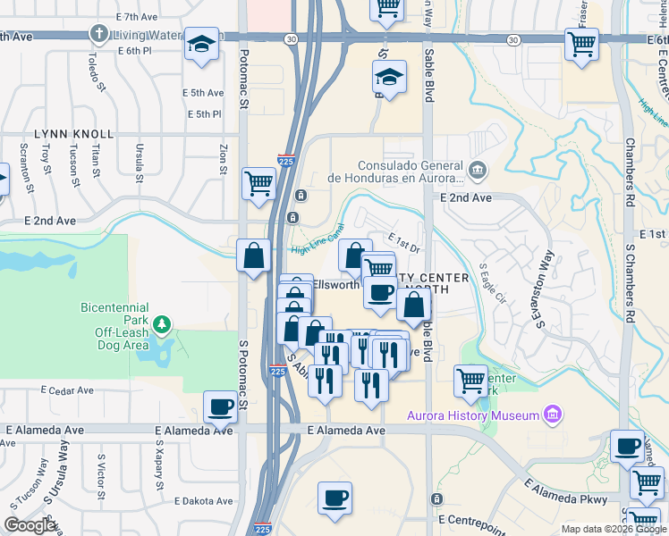 map of restaurants, bars, coffee shops, grocery stores, and more near 14221 East 1st Drive in Aurora