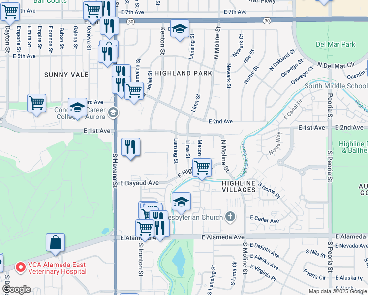 map of restaurants, bars, coffee shops, grocery stores, and more near 58 Lansing Street in Aurora