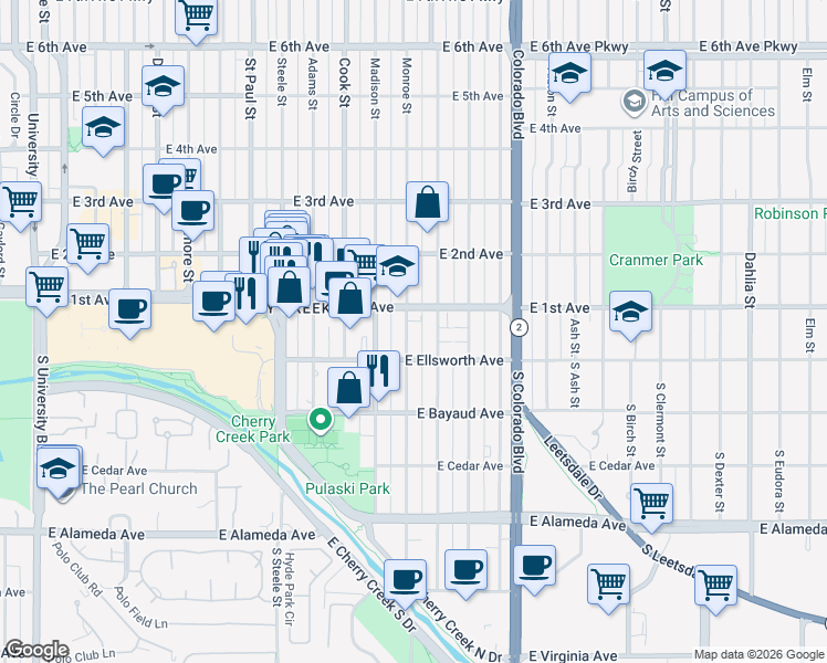 map of restaurants, bars, coffee shops, grocery stores, and more near 38 Monroe Street in Denver