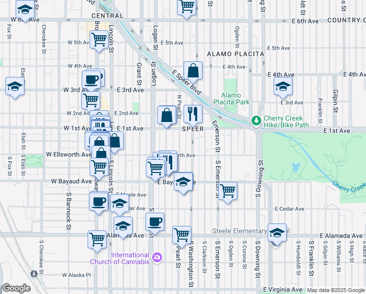 map of restaurants, bars, coffee shops, grocery stores, and more near 17 Pearl Street in Denver