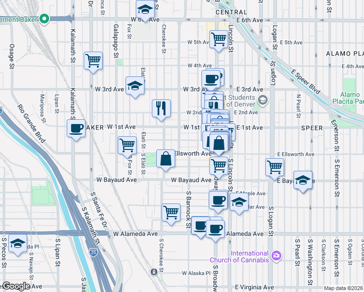 map of restaurants, bars, coffee shops, grocery stores, and more near 17 Bannock Street in Denver