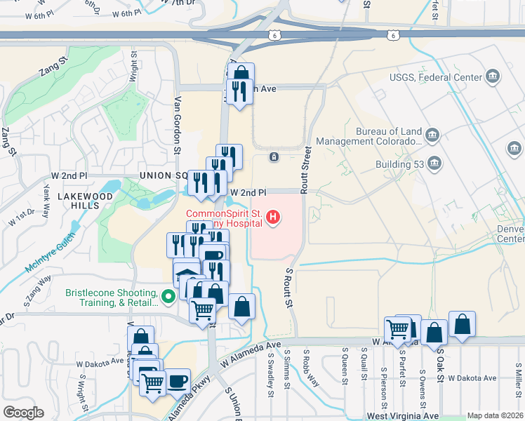 map of restaurants, bars, coffee shops, grocery stores, and more near Healing Way in Denver